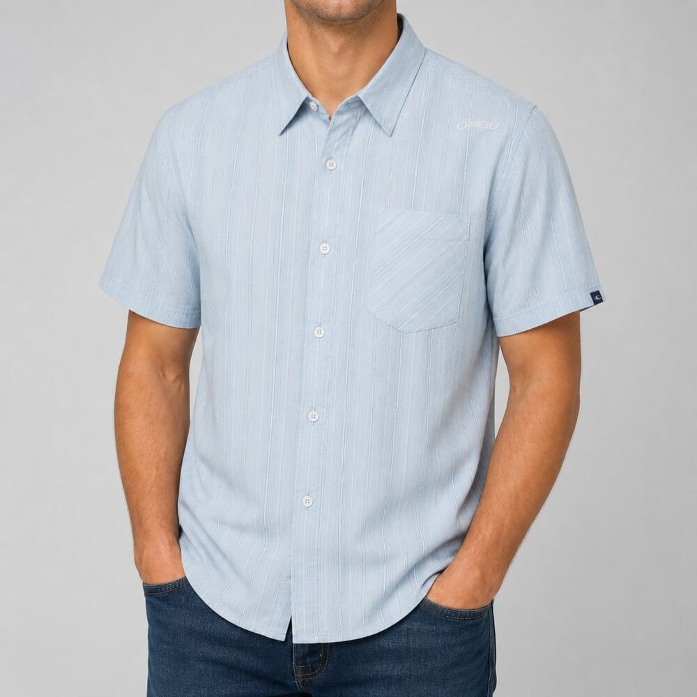 O'Neill Shirt Mens Medium Blue Striped Short Sleeve Button Up Embroidered Blend